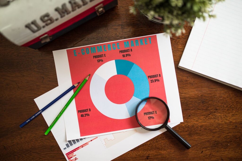 Top view of e-commerce data charts with a magnifying glass on a wooden table.