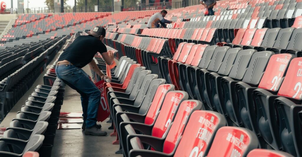 Event staff organizing stadium seating for an upcoming sports event with empty grandstands.