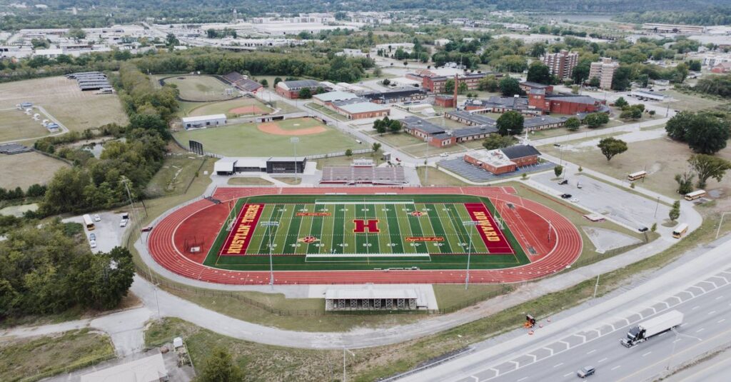 Aerial photograph of the Howard High School stadium and surrounding buildings in Chattanooga, Tennessee.