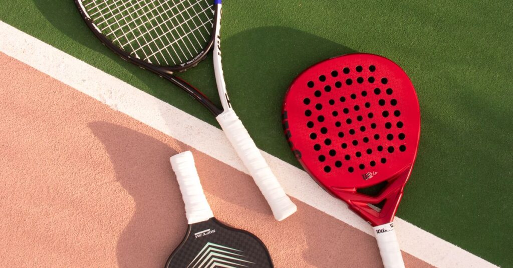 Tennis, padel, and pickleball rackets on a vibrant multi-colored court.