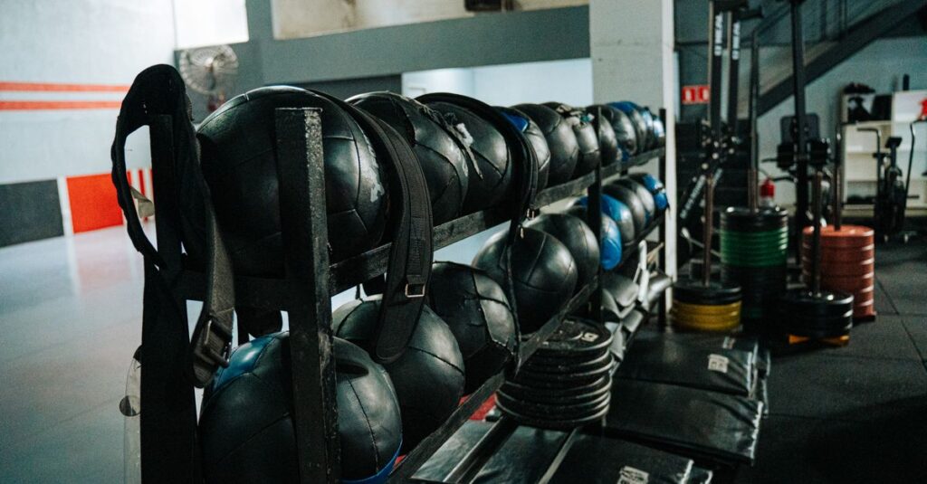 Well-equipped indoor gym featuring kettlebells, weights, and workout gear, perfect for fitness enthusiasts.