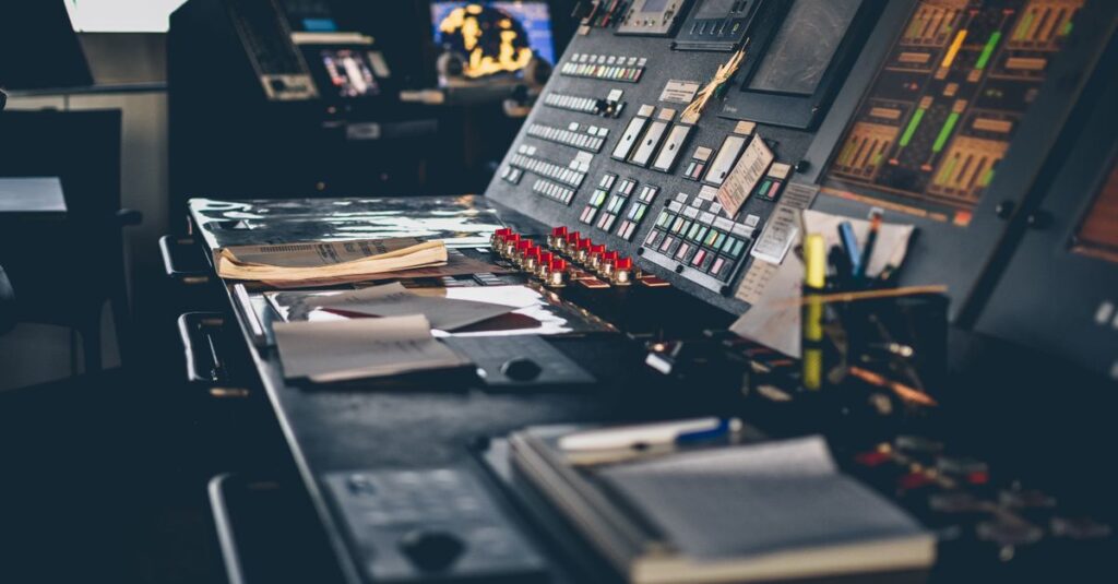 Close-up of a modern control panel in an Istanbul office with buttons and switches.