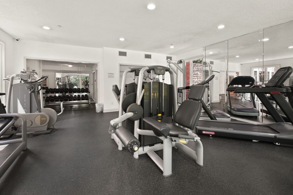 Spacious gym interior featuring various fitness equipment and natural lighting.