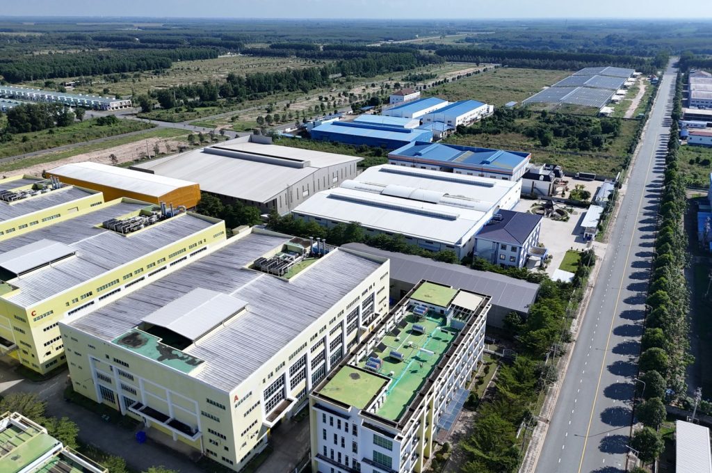 Aerial view of industrial buildings and landscape in Thủ Dầu Một, Bình Dương.